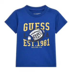 Синя тениска с къс ръкав с цветни детайли отпред за бебе момче Guess