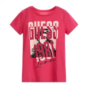 Тениска с къс ръкав в коралово за момиче Guess с камъни