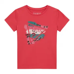 Коралова тениска с къс ръкав с цветна щампа отпред за момиче Guess