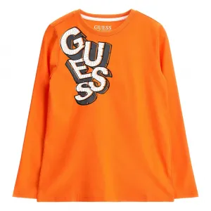 Блуза с дълъг ръкав за момче в оранжево с контрастен надпис Guess