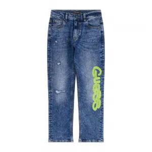 Дънков панталон за момче oversize с кръпки и електрикав надпис Guess
