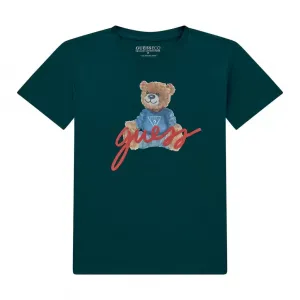 Тениска с къс ръкав в тъмно зелено за момче с мече Guess