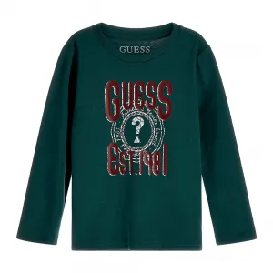 Памучна блуза за момче с дълъг ръкав в зелено с контрастен надпис Guess