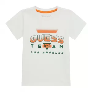 Бяла тениска с къс ръкав с контрастен надпис Guess