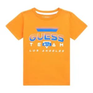 Оранжева тениска с къс ръкав с контрастен надпис Guess