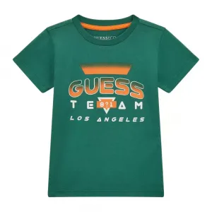 Зелена тениска с къс ръкав с контрастен надпис Guess
