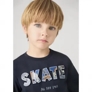 Тениска дълъг ръкав релефни мотиви SKATE за мини момче в морско син цвят Майорал