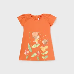 Рокля трикотаж в оранжево със ситопечат на цветя за бебе момиче Mayoral