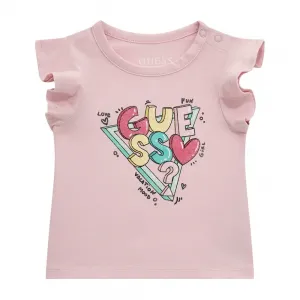 Бледо розова тениска с къдрички за бебе момиче с цветни букви Guess