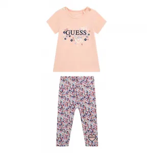 Розова тениска с цветен надпис и клин на цветя за бебе момиче Guess