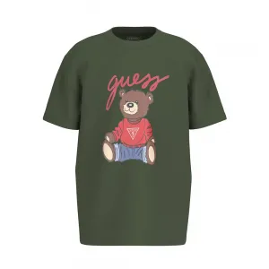 Зелена тениска с къс ръкав за момче с голямо цветно мече и надпис Guess