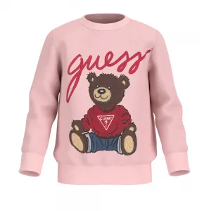 Плътна блуза за мини момиче в розово с мече и надпис Guess