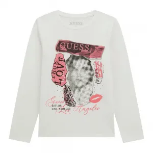 Бяла блуза за момиче с щампа с розови детайли и камъни Guess