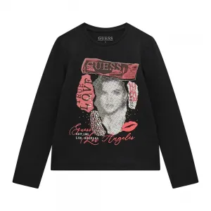 Черна блуза за момиче с щампа с розови детайли и камъни Guess