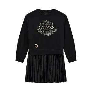 Комбинирана рокля за момиче в черно със златист надпис Guess