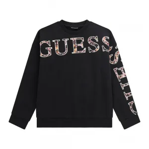 Черна плътна блуза за момиче с релефен надпис с цветя Guess