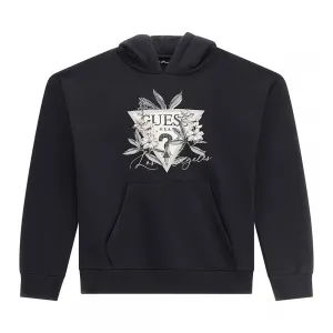 Черен суичър с качулка за момиче с цветна щампа и джоб Guess