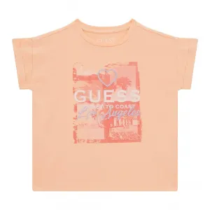 Тениска с къс ръкав в прасковен цвят за момиче Guess с детайли и надписи