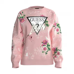 Спортна блуза с дълъг ръкав в бледо розово за момиче с цветя Guess