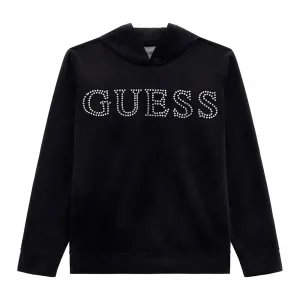 Черен плюшен суичър с качулка без цип за момиче с кристален надпис Guess