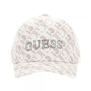 Шапка с козирка в бежово и бяло за момиче покрита с лога и надпис Guess с камъни