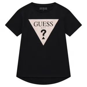 Свободна черна тениска с къс ръкав за момиче с контрастно лого Guess