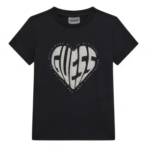 Черна тениска с къс ръкав за момиче със сърце от камъни и надпис Guess