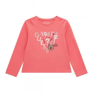 Блуза с дълъг ръкав за мини момиче в розов цвят с цветни букви Guess и мече