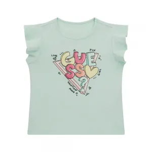 Бледо зелена тениска с къдрички за мини момиче с цветни букви Guess