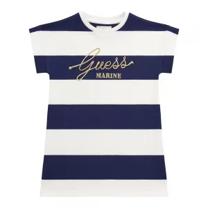 Спортна рокля в синьо и бяло райе със златист надпис за мини момиче Guess
