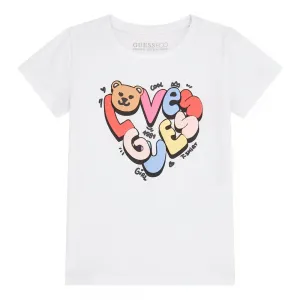 Блуза с къс ръкав в бяло за мини момиче с цветен надпис Love Guess и мече