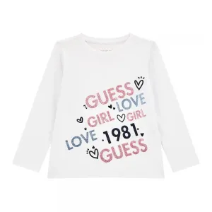 Бяла блуза за мини момиче с многоцветни надписи с глитери Guess