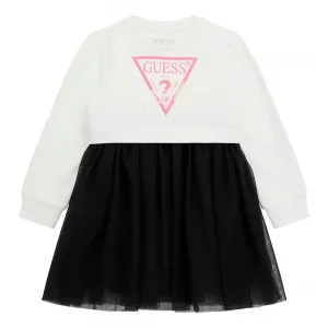 Комбинирана рокля за мини момиче в бяло с черен тюл Guess