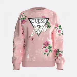 Розова блуза с ластици, с цветя и голямо лого на марката Guess Icon за мини момиче