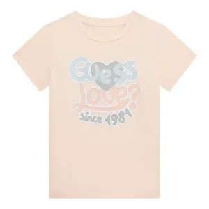 Бледо розова тениска за мини момиче с цветен надпис Guess Love 