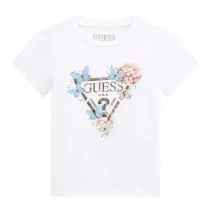 Бяла тениска за мини момиче с цветя и златисто лого Guess