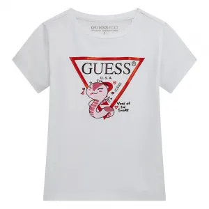 Бяла тениска за мини момиче с червено лого и цветна апликация Guess