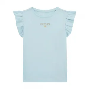 Бледо синя тениска за мини момиче с воали и златист надпис Guess