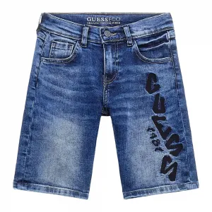 Къси деним панталони за момче с бродиран надпис Guess