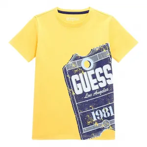 Тениска в жълто за момче с голяма щампа и надпис Guess