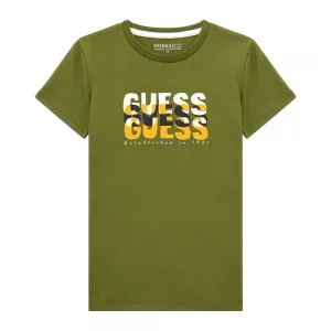 Зелена тениска с къс ръкав с трицветен надпис Guess за момче