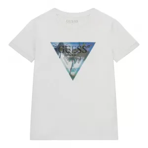 Бяла тениска с триъгълно лого с палми и надпис холограма Guess за момче
