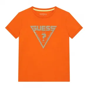 Оранжева тениска за момче с къс ръкав Guess с контрастно лого
