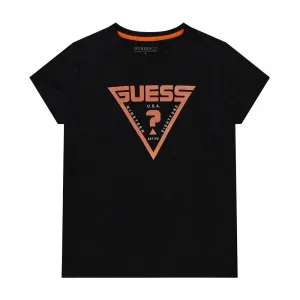 Черна тениска за момче с къс ръкав Guess с контрастно оранжево лого