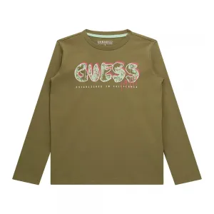 Блуза в жълто-зелен цвят с дълъг ръкав за момче с надпис Guess