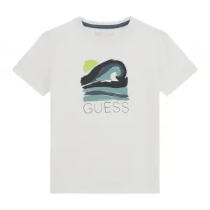 Тениска за момче в бял цвят с нарисувана морска вълна и надпис Guess