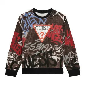 Спортна блуза за момче с цветни графити, червено лого Guess и ластици