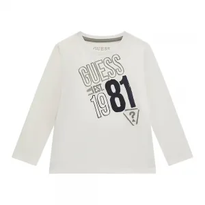 Бяла блуза с дълъг ръкав за мини момче с контрастни надписи Guess