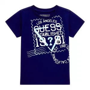 Тениска с къс ръкав в синьо за бебе момче Guess с надписи и тик-так копчета на гърба