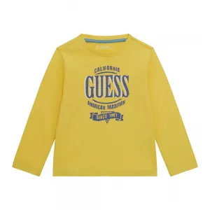 Жълта блуза с дълъг ръкав за мини момче със син надпис на марката Guess